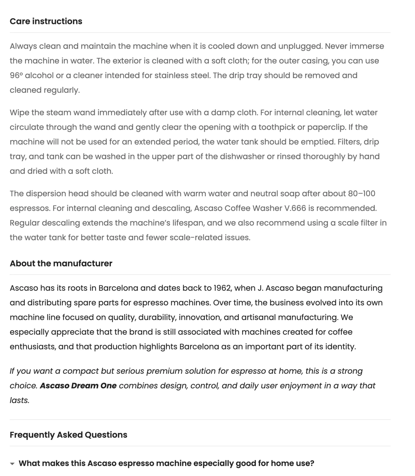 The care instructions and manufacturer sections of the same live page, ending at the first question of its FAQ