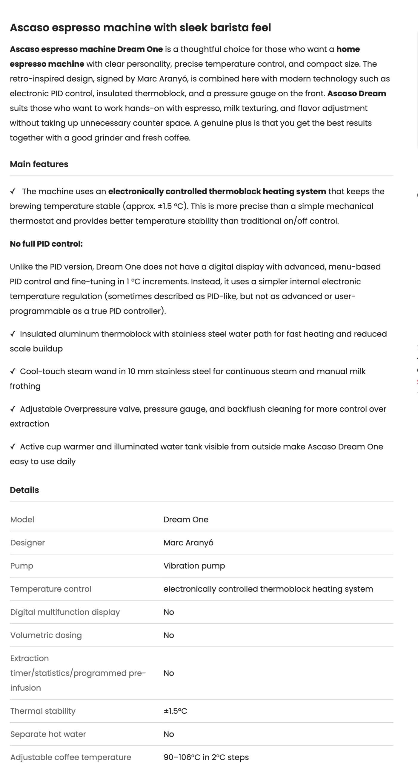 The live product description: a heading, an opening paragraph, a ticked feature list with a paragraph headed “No full PID control” in the middle of it, and the start of a specification table