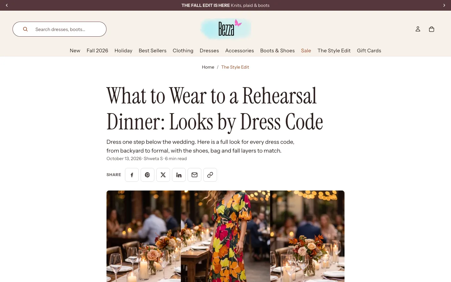 A Bezza article, What to Wear to a Rehearsal Dinner: Looks by Dress Code, with its headline, standfirst and lead photo