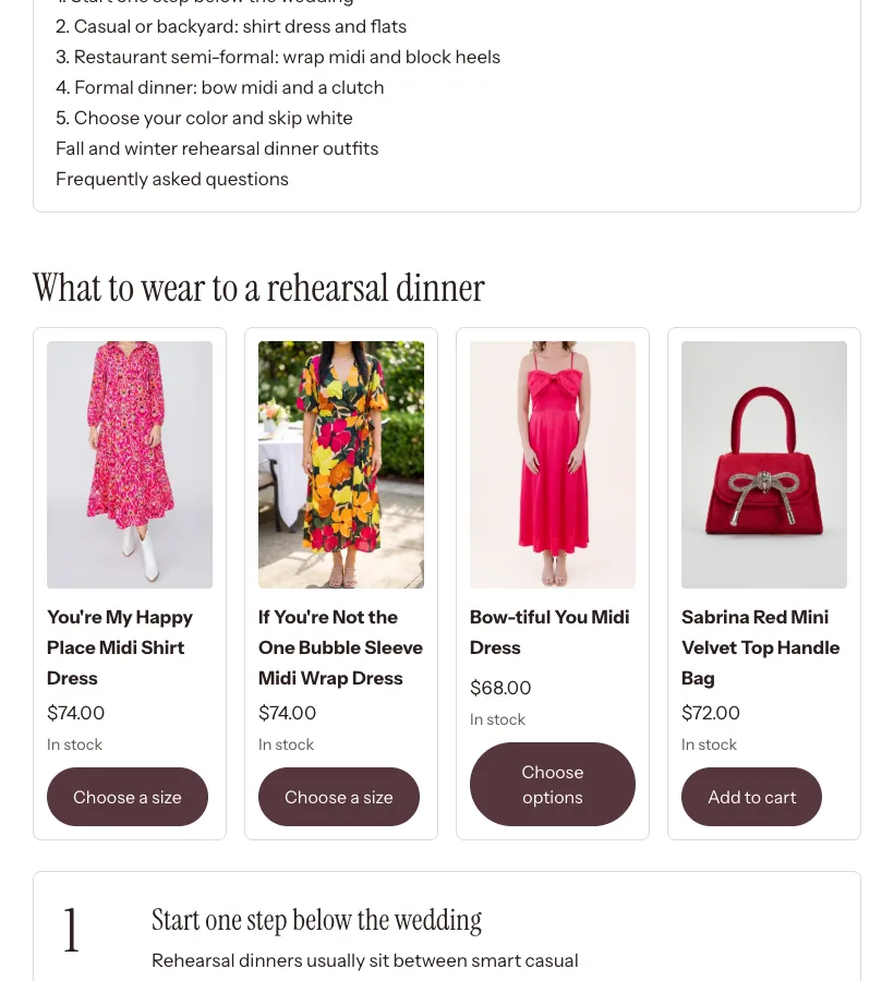 Further down the same article: four Bezza products with prices, stock and buttons to choose a size or add to cart