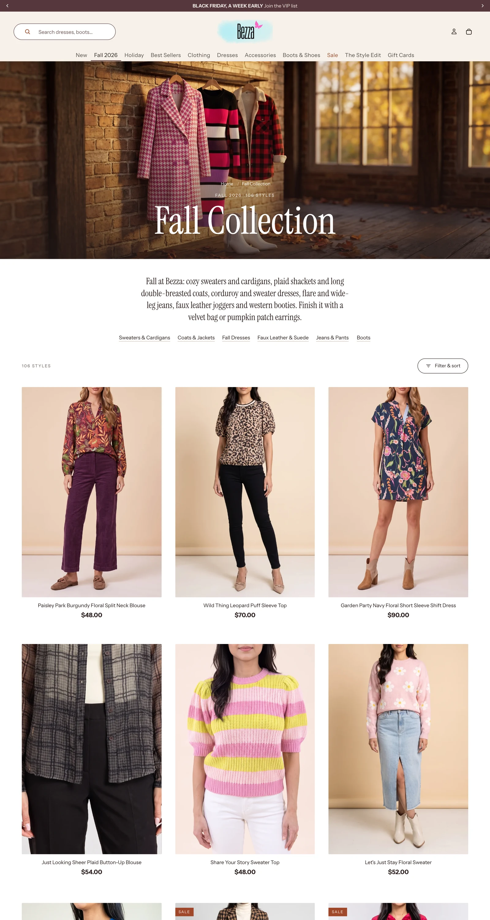 The same collection today: a fall photo hero with the collection name, a short intro, links to the collections around it and the first products