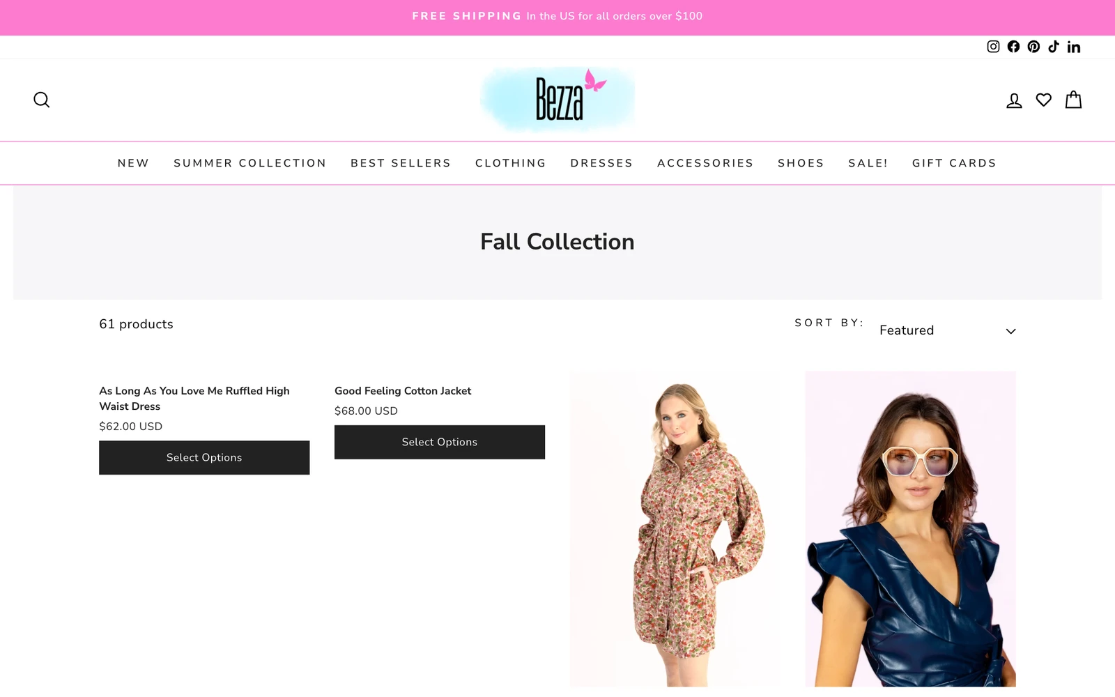 The Shop Bezza fall collection in October 2025: a grey title bar over the product grid, with two product photos missing