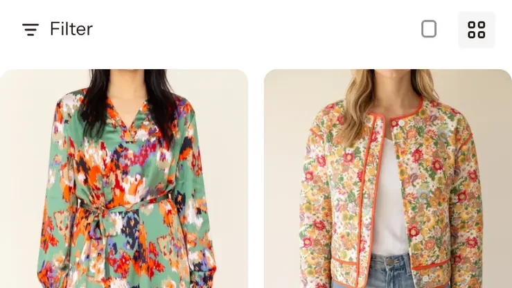 Shop Bezza’s Fall Collection on a phone: a filter, a one or two per row switch, and two product cards per row