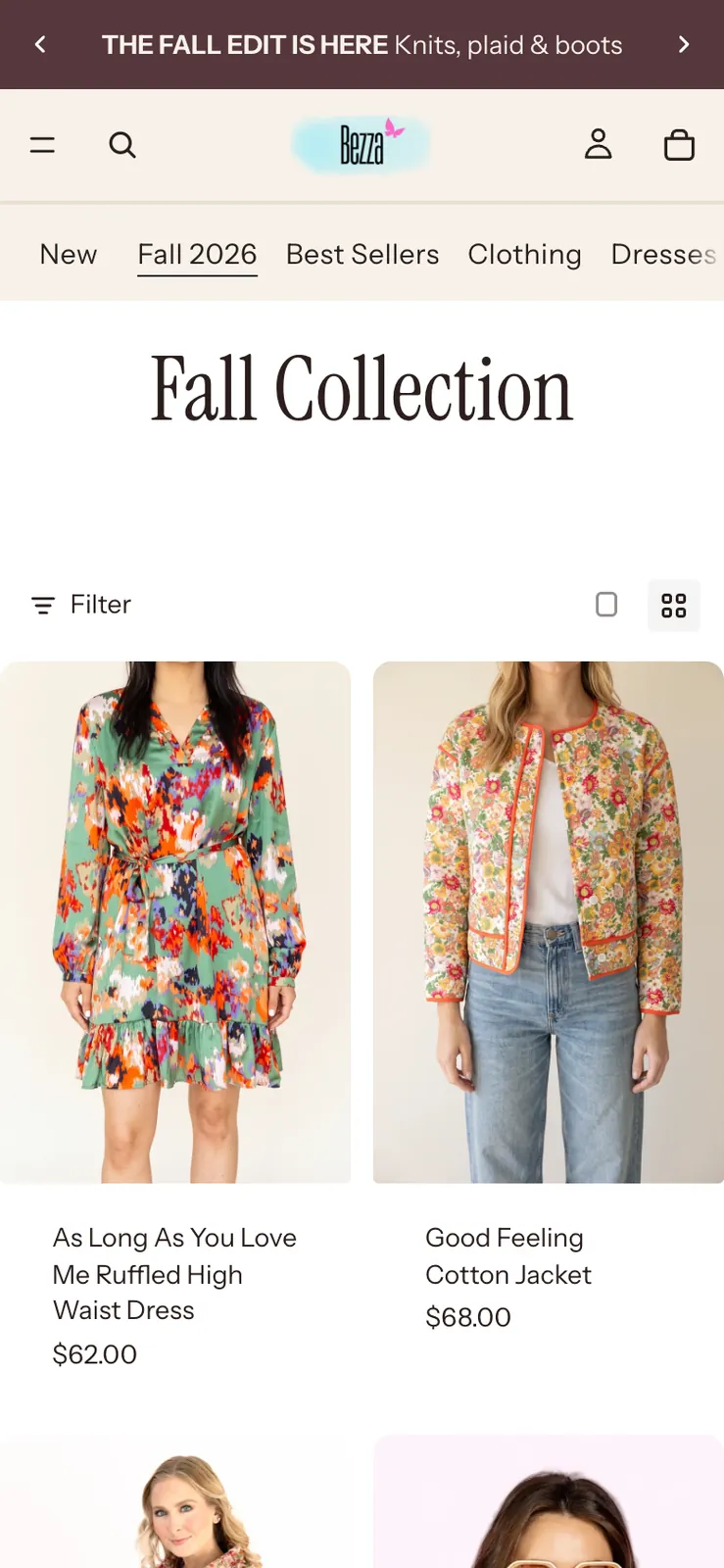 The Shop Bezza Fall Collection on a phone: the collection name, a Filter button, a grid switch and two products per row