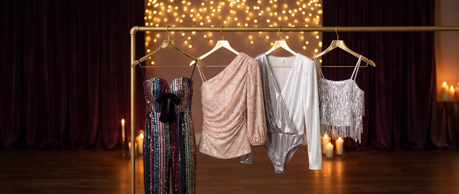 The hero image of the Shop Bezza Holiday collection: sequin and satin party pieces on gold hangers in front of string lights