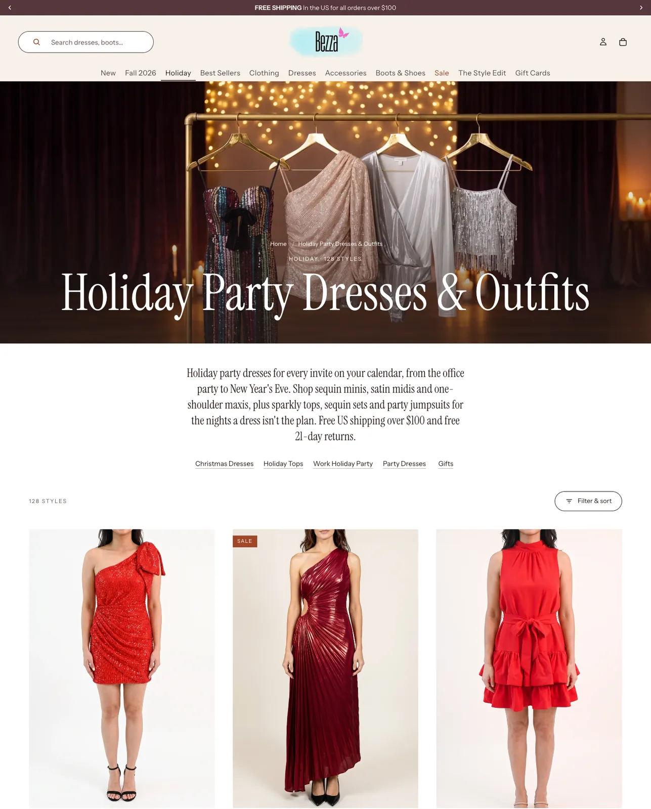 Bezza’s Holiday Party Dresses & Outfits collection: a hero image, the opening paragraph, links to related collections and the first dresses
