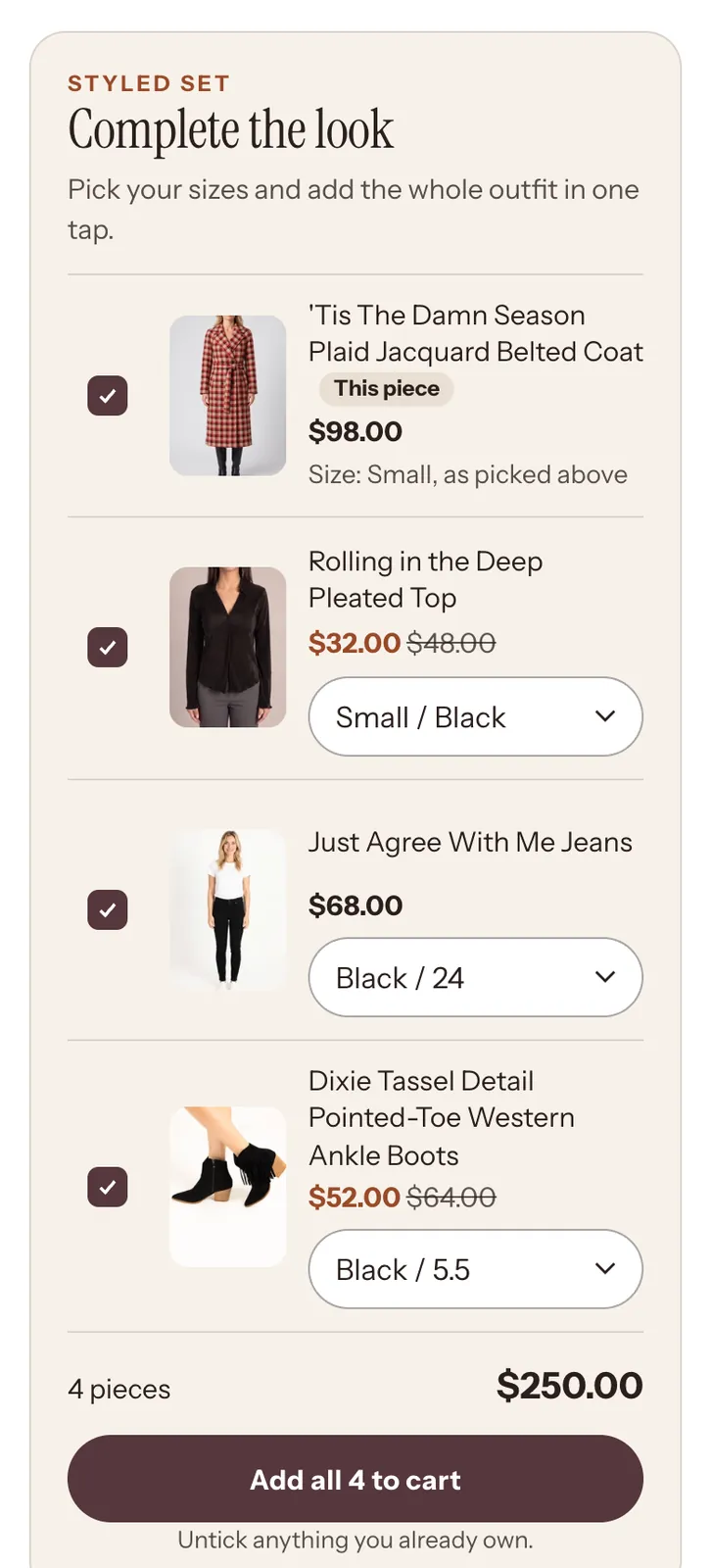 A Complete the look block on a Shop Bezza product page on a phone: a coat with a top, jeans and boots, each with its size
