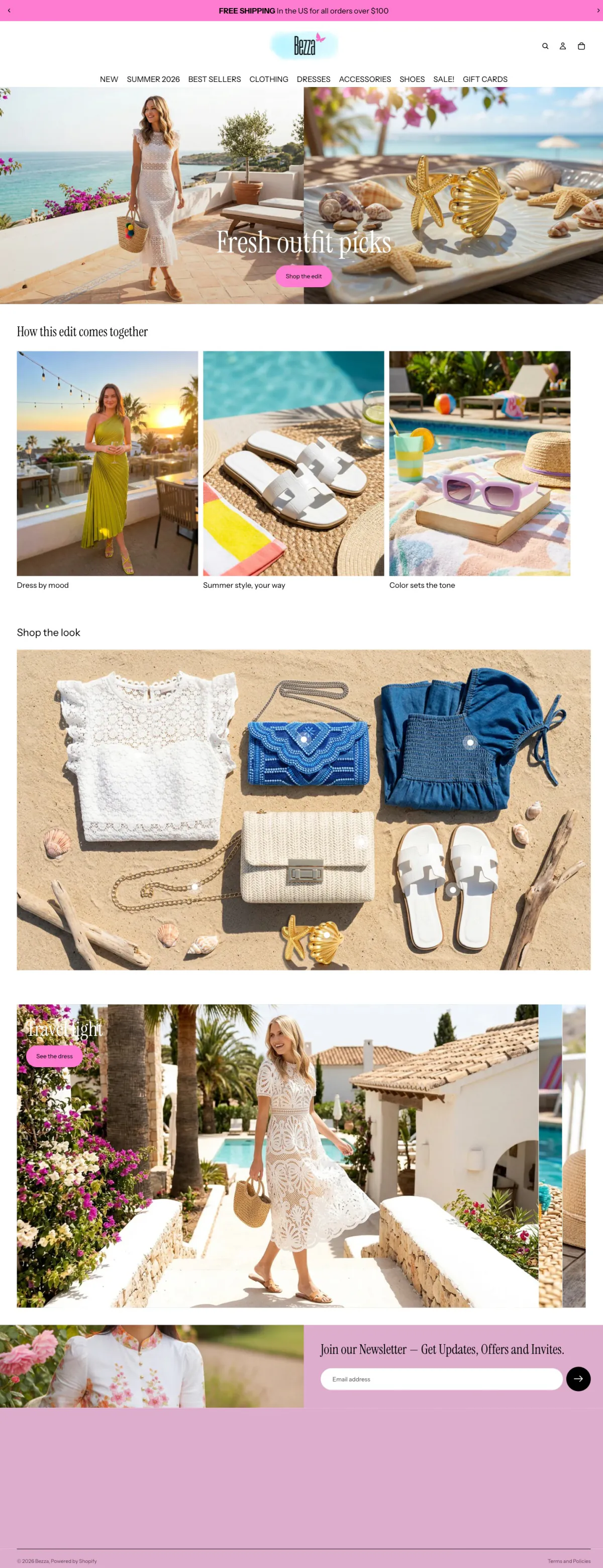 The Bezza home page, designed by ObsessAI, scrolling from its hero through every section