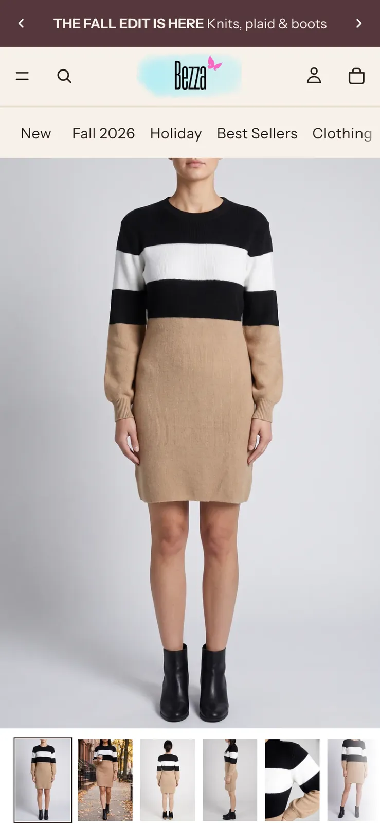 The Shop Bezza product page for the Maverick Color Block Sweater Dress on a phone today