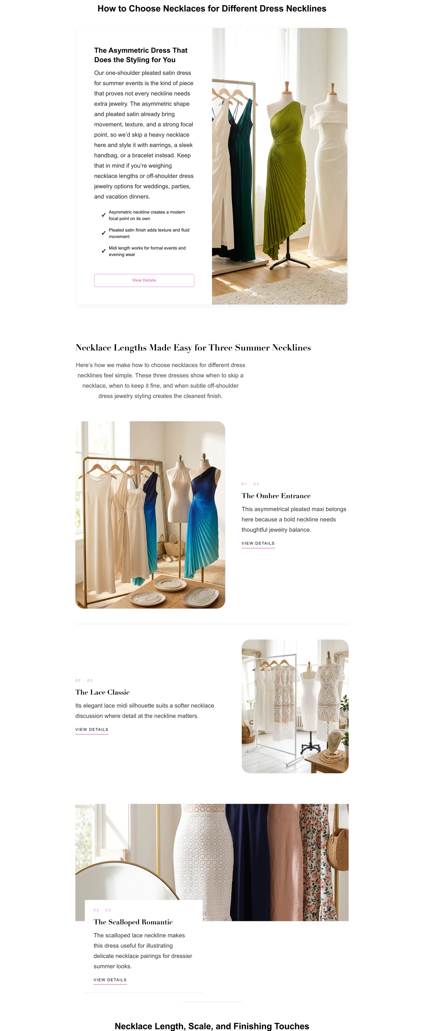 A published Bezza article on the storefront: a section heading over a two-column layout pairing styling copy with photographs of dresses on a rail, then further product cards each with its own photograph, heading and link