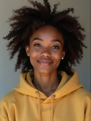 An AI-generated head-and-shoulders portrait of a stock presenter — upbeat, streetwear, 20s