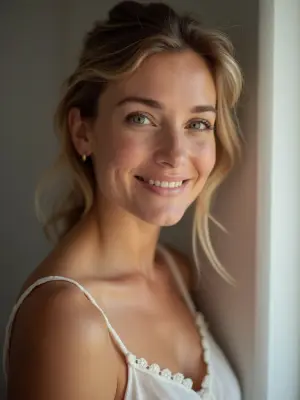 An AI-generated head-and-shoulders portrait of a stock presenter — warm, nordic, 30s