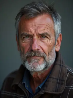 An AI-generated head-and-shoulders portrait of a stock presenter — dry-witted, outdoorsy, 50s