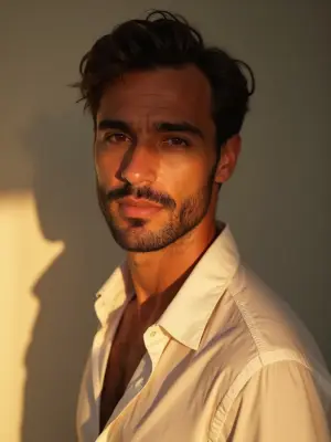 An AI-generated head-and-shoulders portrait of a stock presenter — confident, mediterranean, 30s
