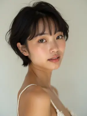 An AI-generated head-and-shoulders portrait of a stock presenter — playful, minimalist, 20s