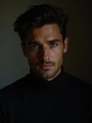 An AI-generated head-and-shoulders portrait of a stock presenter — deep, cinematic, 30s