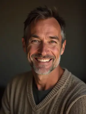 An AI-generated head-and-shoulders portrait of a stock presenter — warm, storyteller, 40s