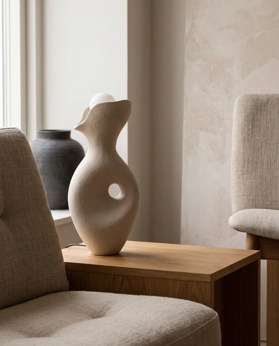An AI-generated lifestyle photo: a sculptural cream ceramic table lamp on an oak side table between linen chairs, with a dark vase on the windowsill behind it