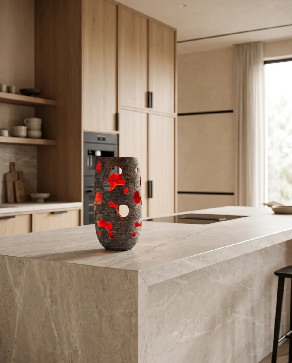 An AI-generated lifestyle photo: a perforated dark ceramic lantern vase glowing warmly from within, standing on a stone kitchen island in a pale wood kitchen