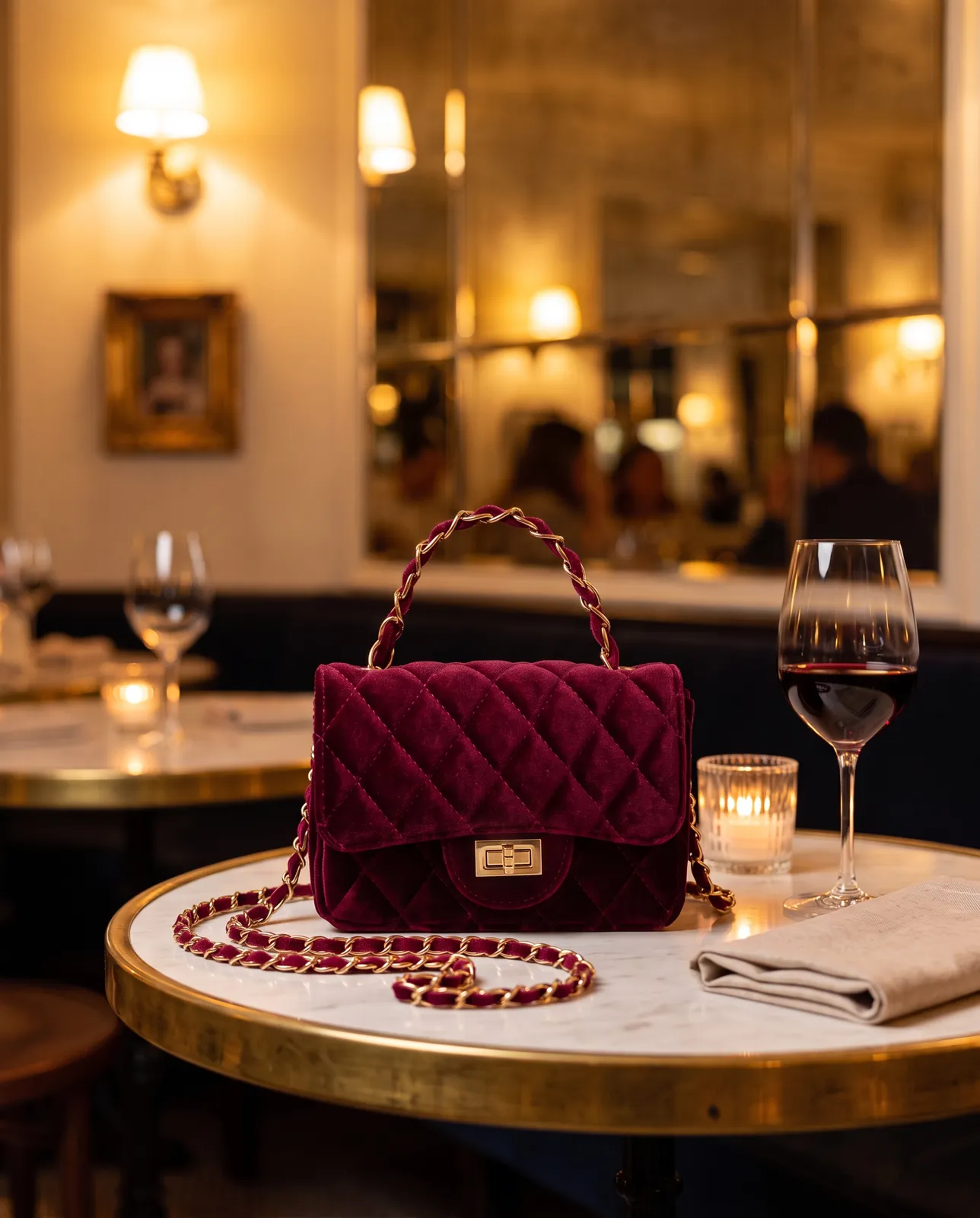 Bezza's velvet purse on a bistro table, made from the store's own product photo
