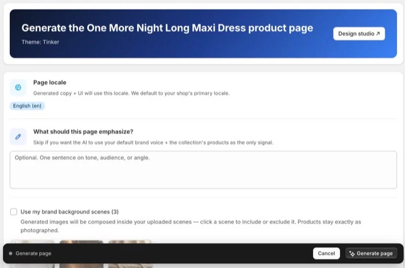The hero page intake screen in the app: the page locale set to English, a free-text field asking what the page should emphasise, and a checkbox to compose generated images inside the merchant’s own uploaded brand background scenes