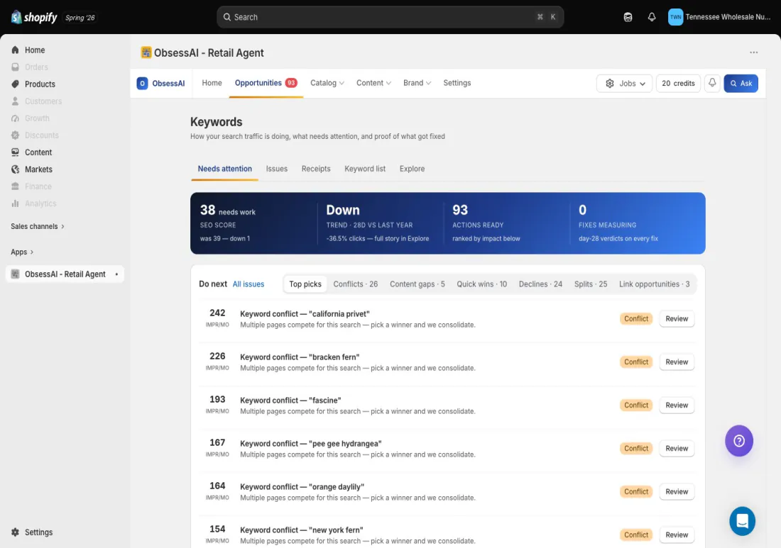 The keywords screen: 93 actions ready, ranked by monthly impressions, starting with keyword conflicts