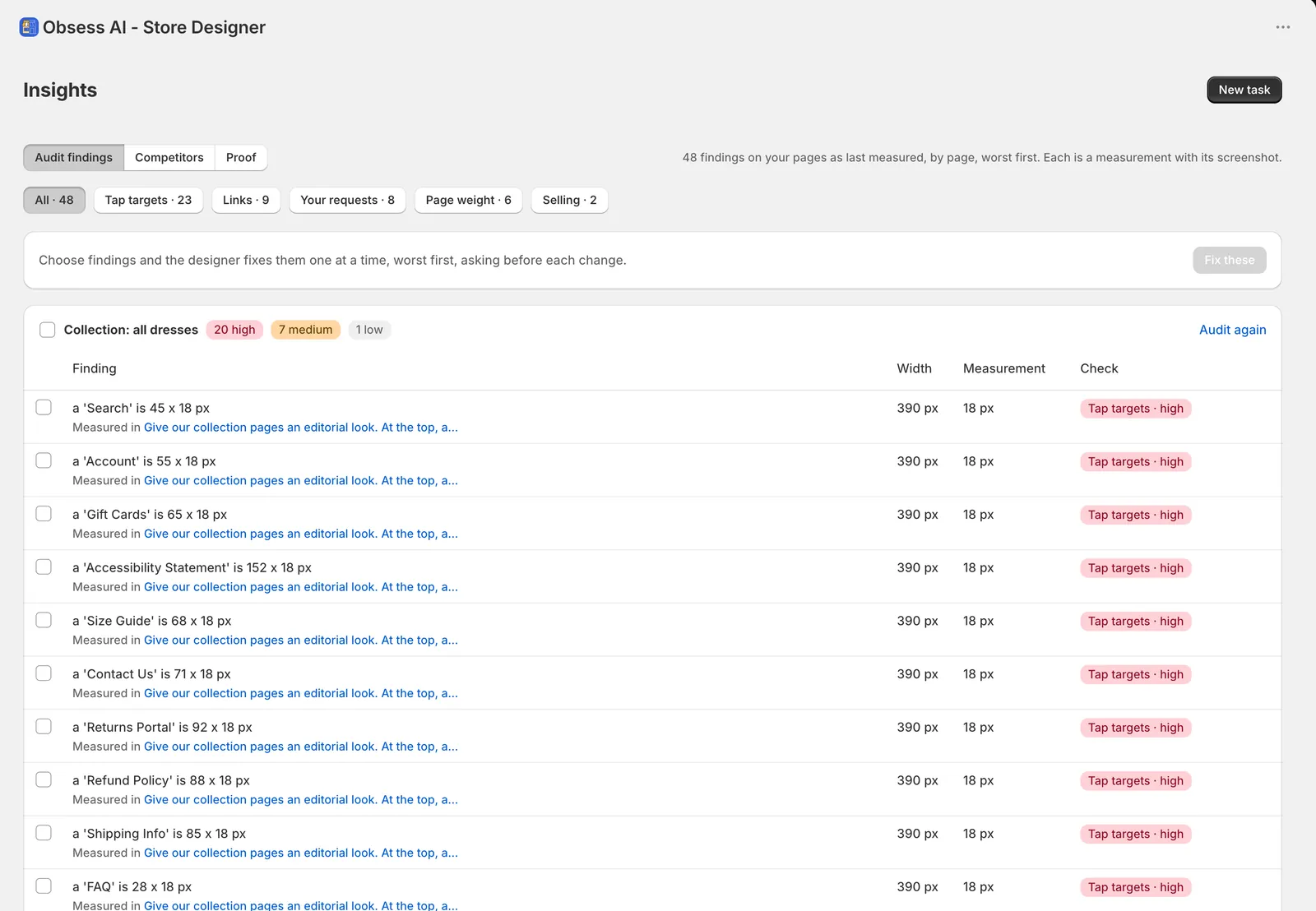 Store Designer Insights: phone findings on a collection page, each a measurement at 390 px wide
